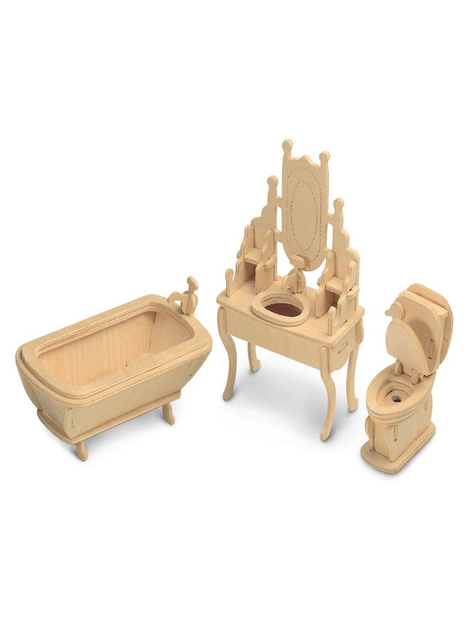 Puzzled 3D Wooden Bathroom Dollhouse Furniture Set Construction Kit - DIY Wooden Dollhouse Bathroom Puzzle Model Kit, Fun and Educational 3D Puzzle to Build and Paint - 44 Pieces Pack - Image 1